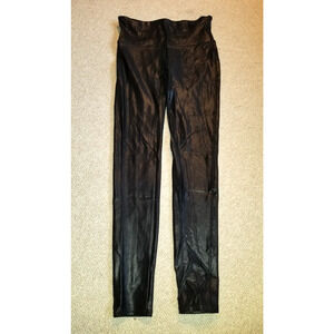 Womens Pants-SPANX BY SARA BLAKELY-black stretch shiney faux leather legging-M